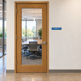 Illustrative application of the blue CNF-1002-BLU Conference Room Braille sign on the latch-side wall beside a conference room door.