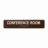 Sign Optima 10 x 2 inch Conference Room acrylic Braille sign, Brown studio view, SKU CNF-1002-BRN.