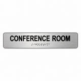 Sign Optima 10 x 2 inch Conference Room acrylic Braille sign, Brushed Aluminum studio view, SKU CNF-1002-BRUSH.