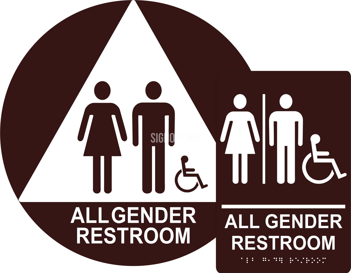 ADA Compliant All Gender Restroom Sign Set – Door & Wall, CA Title 24 — Color &amp; detail