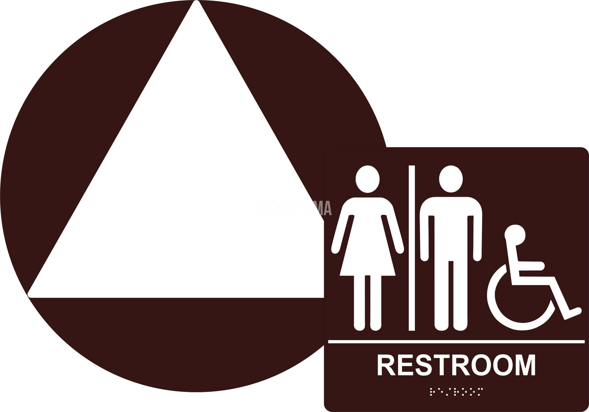 ADA Compliant All Gender Unisex Restroom Sign Set – Braille, CA Title 24 — Color &amp; detail